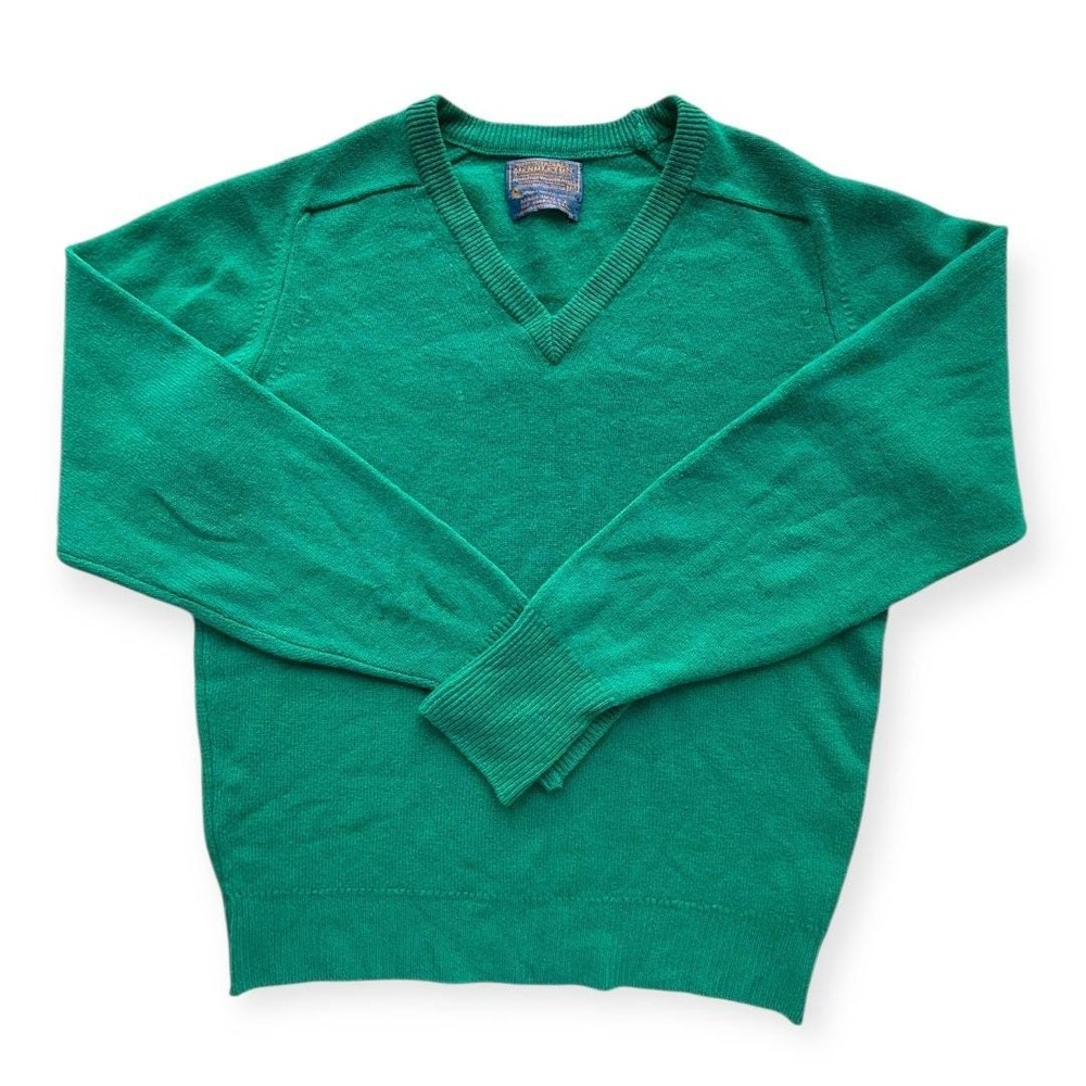 VTG Mens Pendleton Emerald Green V-Neck Sweater M‎ Lambswool Made in USA FLAW